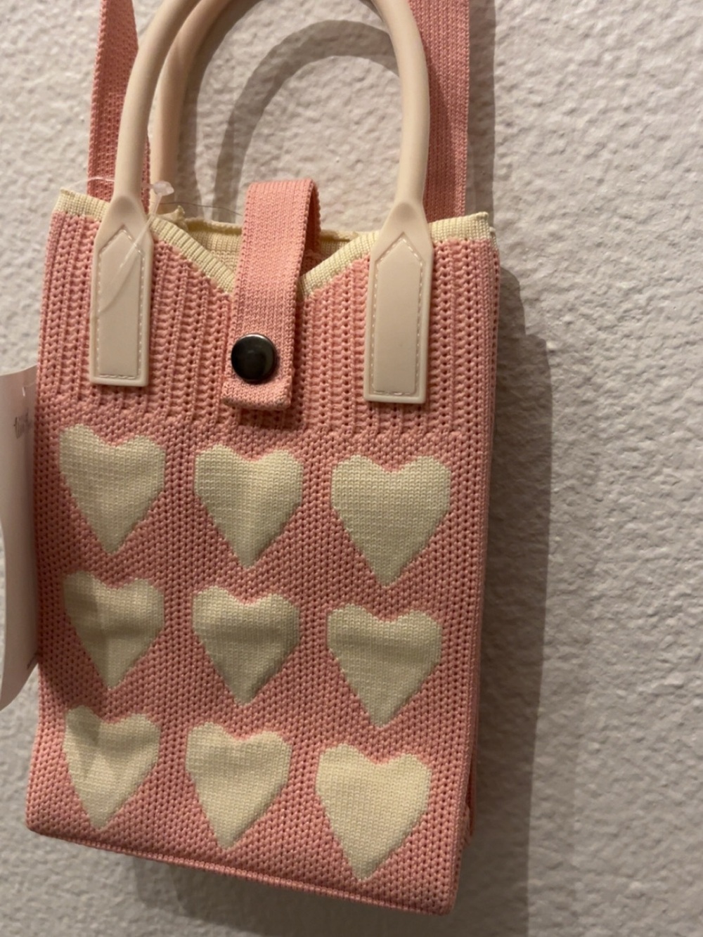 Wild flower  Pink Knit Mini Tote with Cream Heart Pattern